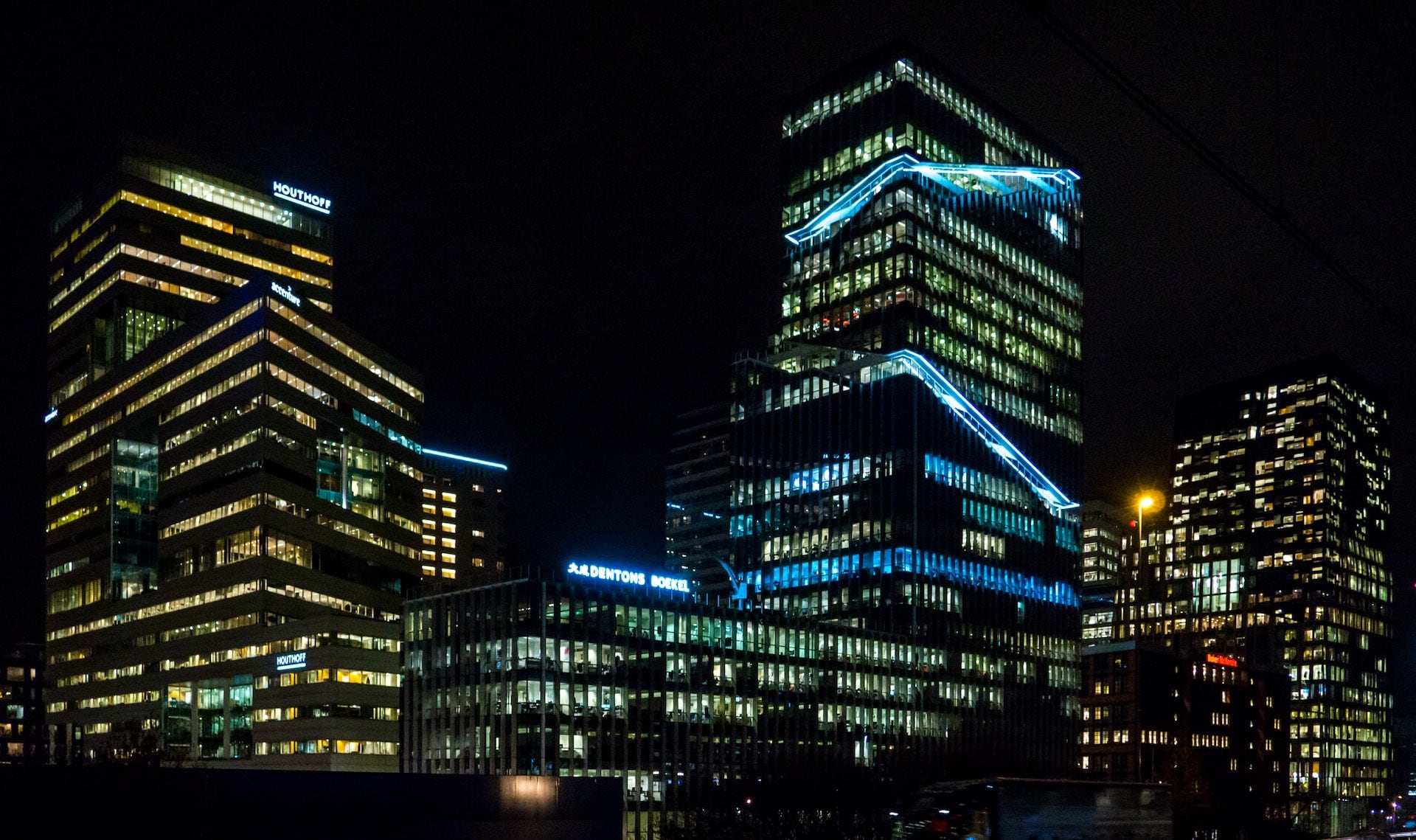 Colourful buildings at night